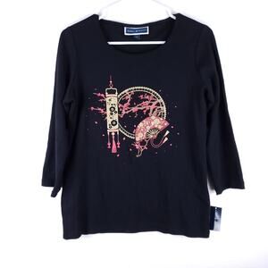 NWT Karen Scott 3/4 Sleeves T Shirt Size Small Black Cotton Scoop Neck